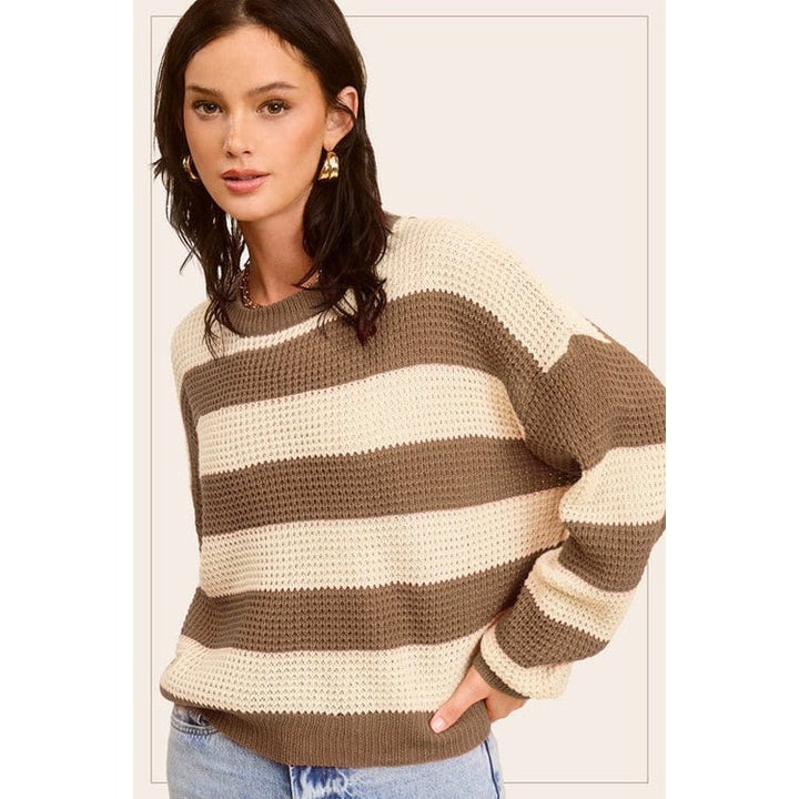 Striped Round Neck Loose Fit Sweater Image 7