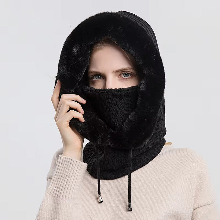 Winter faux Cap Mask Set Hooded for Women Knitted Cashmere Neck Warm Balaclava Ski Image 2