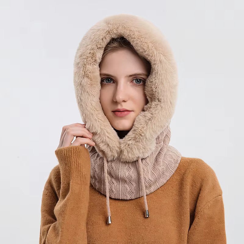 Winter faux Cap Mask Set Hooded for Women Knitted Cashmere Neck Warm Balaclava Ski Image 3