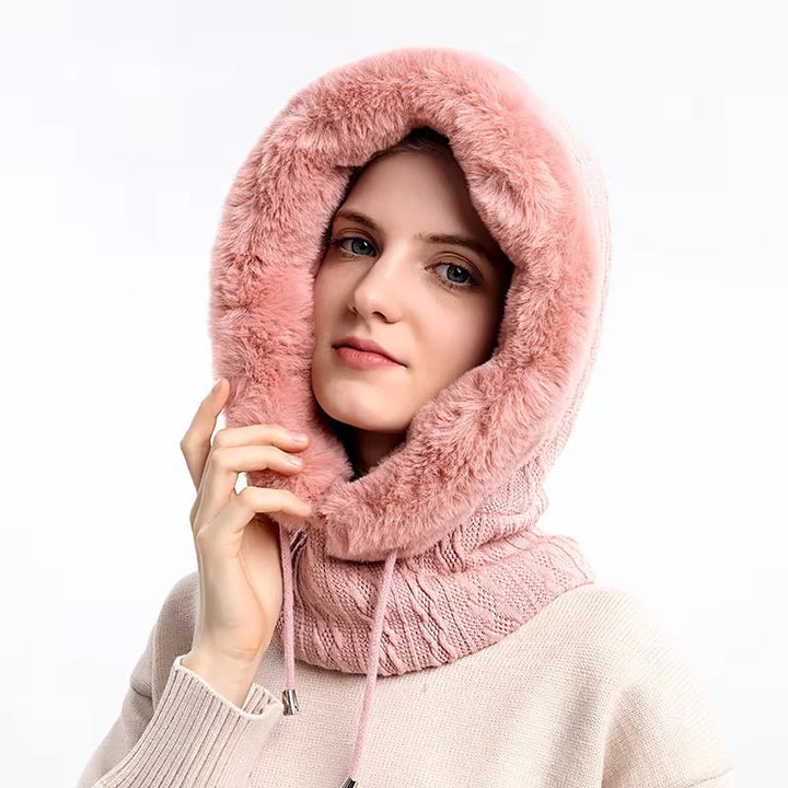 Winter faux Cap Mask Set Hooded for Women Knitted Cashmere Neck Warm Balaclava Ski Image 4