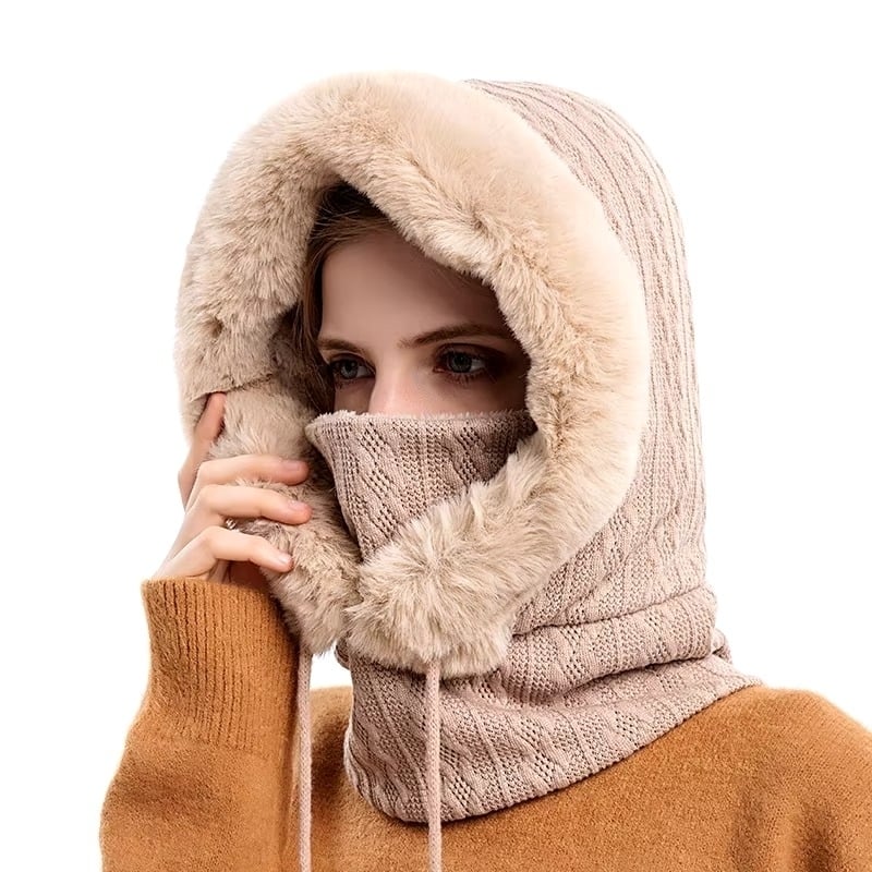 Winter faux Cap Mask Set Hooded for Women Knitted Cashmere Neck Warm Balaclava Ski Image 4