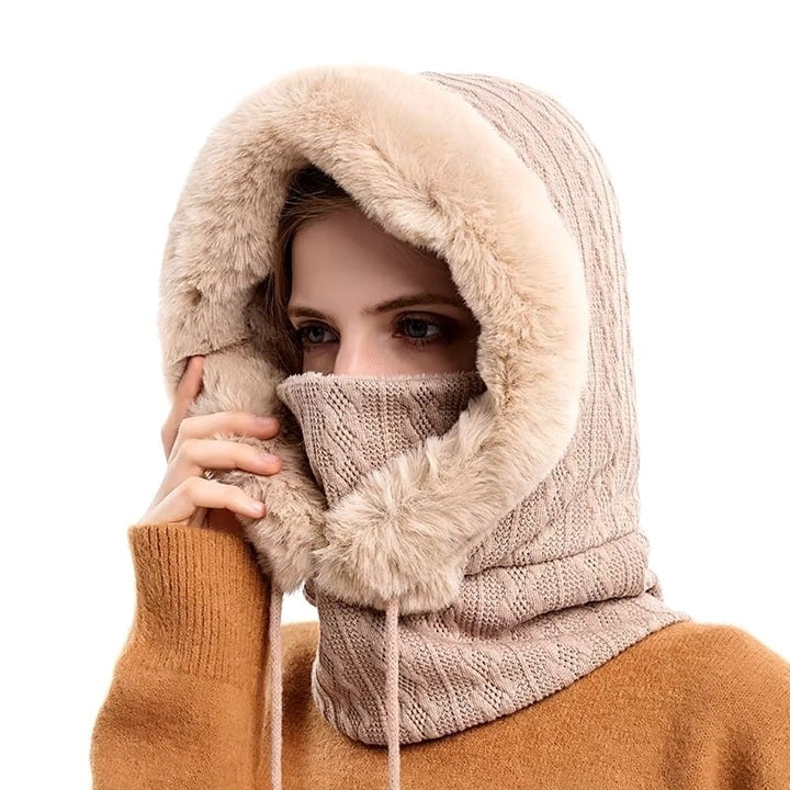 Winter faux Cap Mask Set Hooded for Women Knitted Cashmere Neck Warm Balaclava Ski Image 4