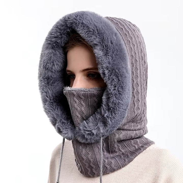 Winter faux Cap Mask Set Hooded for Women Knitted Cashmere Neck Warm Balaclava Ski Image 6