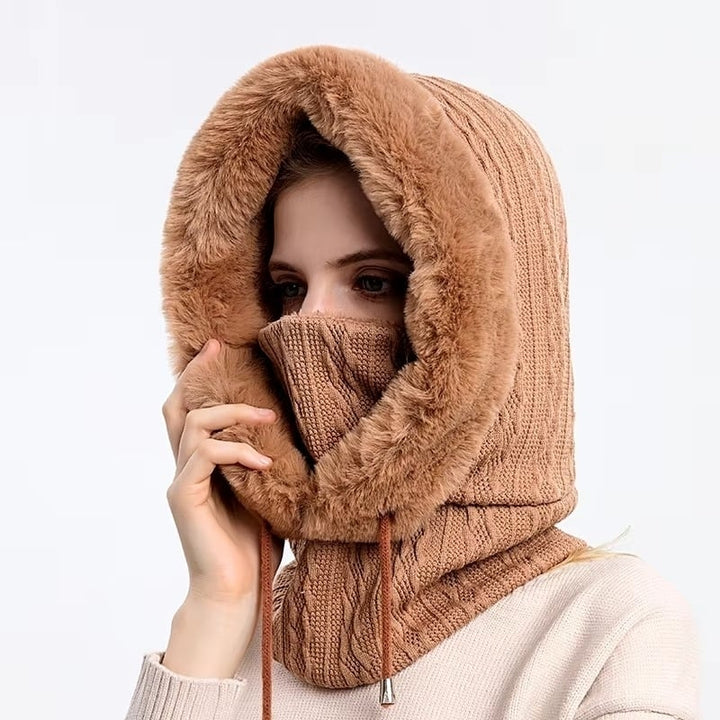 Winter faux Cap Mask Set Hooded for Women Knitted Cashmere Neck Warm Balaclava Ski Image 7