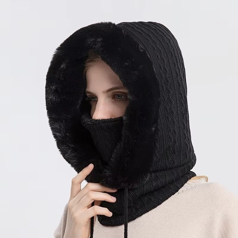 Winter faux Cap Mask Set Hooded for Women Knitted Cashmere Neck Warm Balaclava Ski Image 8