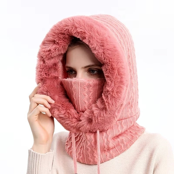 Winter faux Cap Mask Set Hooded for Women Knitted Cashmere Neck Warm Balaclava Ski Image 9