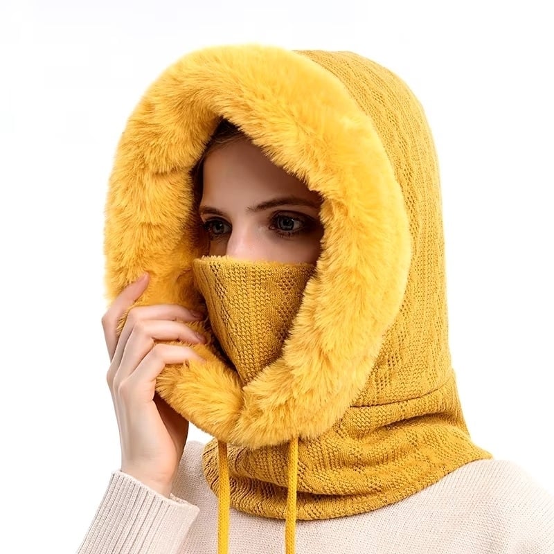 Winter faux Cap Mask Set Hooded for Women Knitted Cashmere Neck Warm Balaclava Ski Image 10