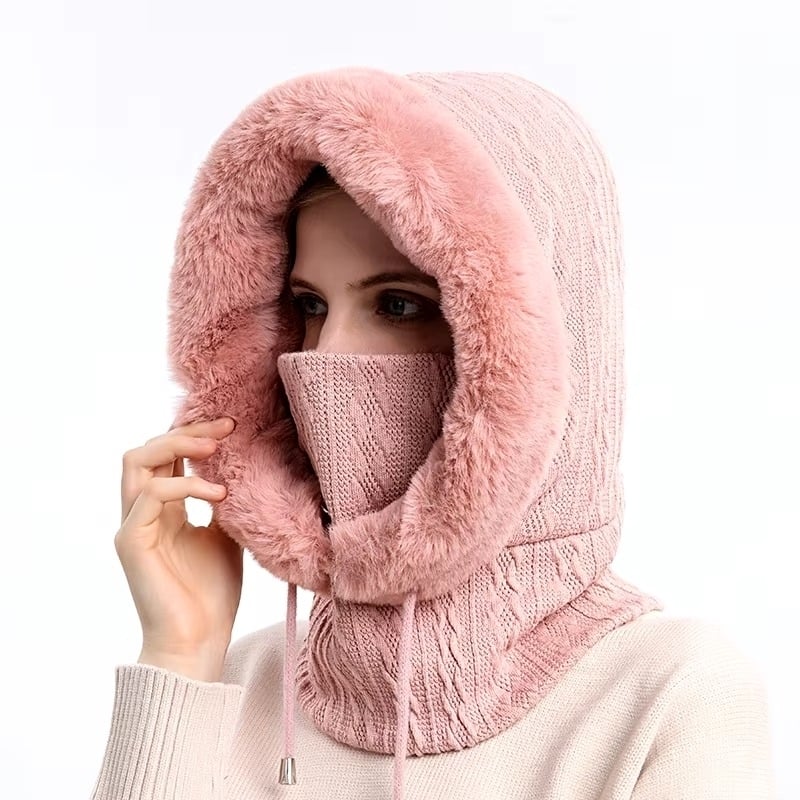 Winter faux Cap Mask Set Hooded for Women Knitted Cashmere Neck Warm Balaclava Ski Image 11