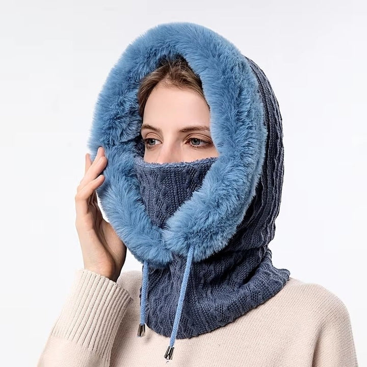 Winter faux Cap Mask Set Hooded for Women Knitted Cashmere Neck Warm Balaclava Ski Image 12