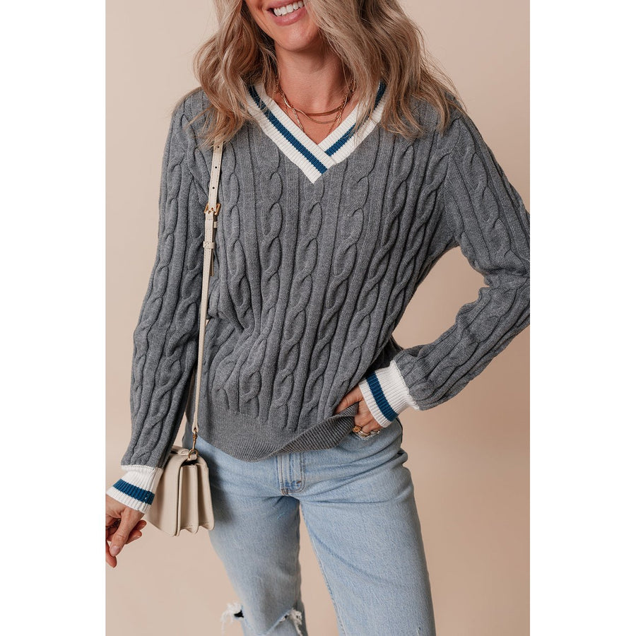 Kayle Ribbed Edge Cable Knit V Neck Sweater Image 1