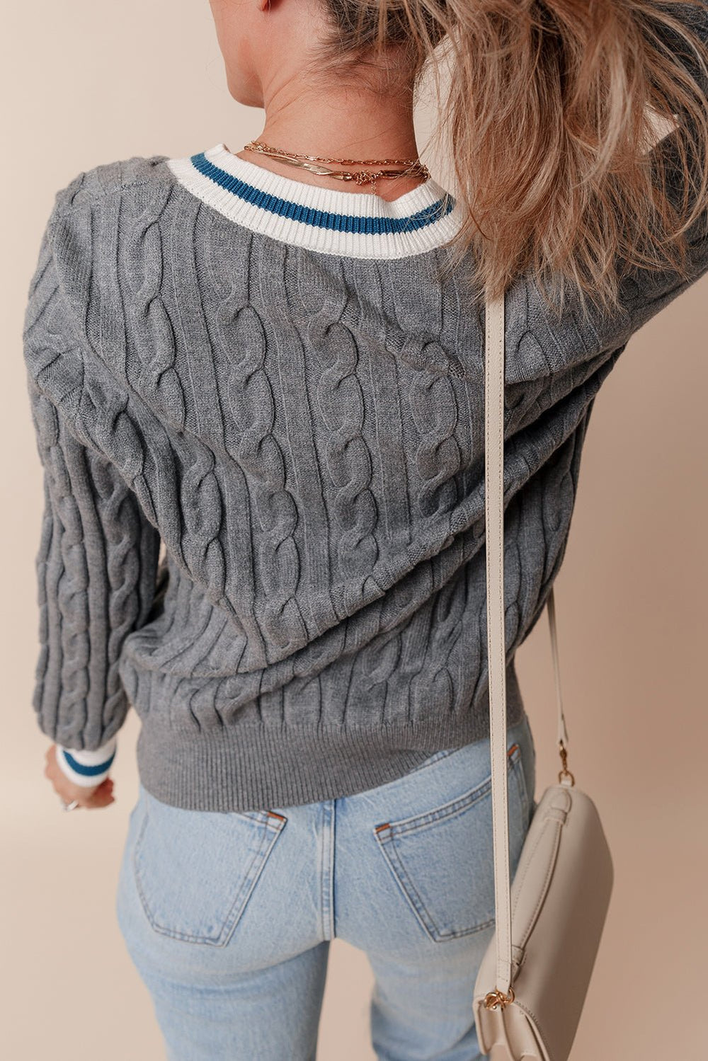 Kayle Ribbed Edge Cable Knit V Neck Sweater Image 2