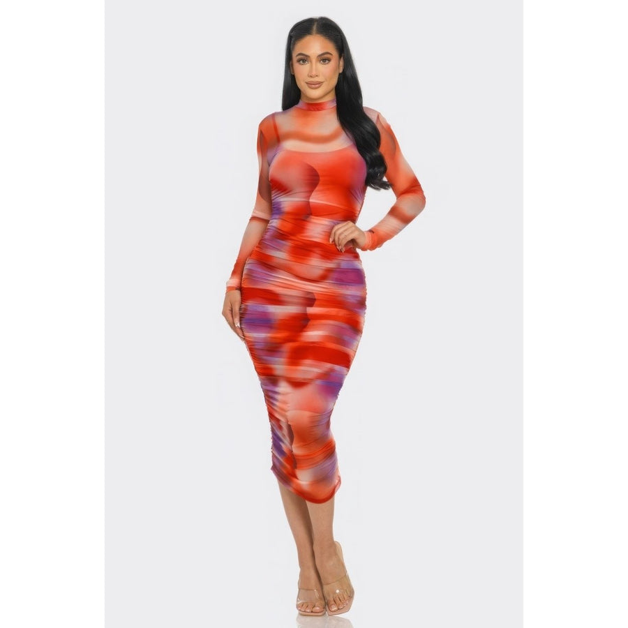 Summer Heat Print Mesh Ruched Midi Dress Image 1