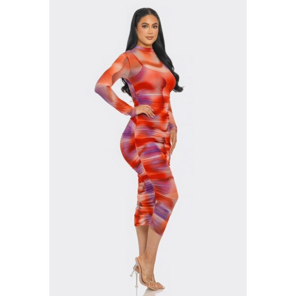 Summer Heat Print Mesh Ruched Midi Dress Image 2