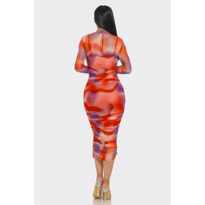 Summer Heat Print Mesh Ruched Midi Dress Image 3