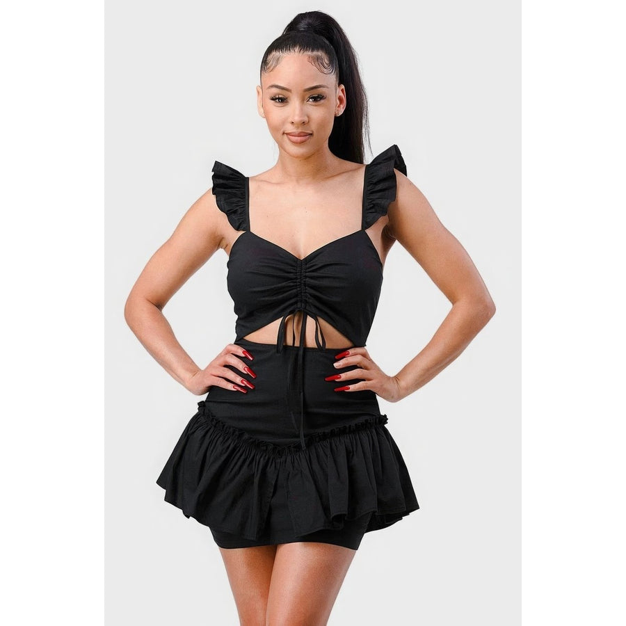 Sweetheart With Drawstring Bow Cutout Ruffled Flutter Sleeves Mini Dress Image 1