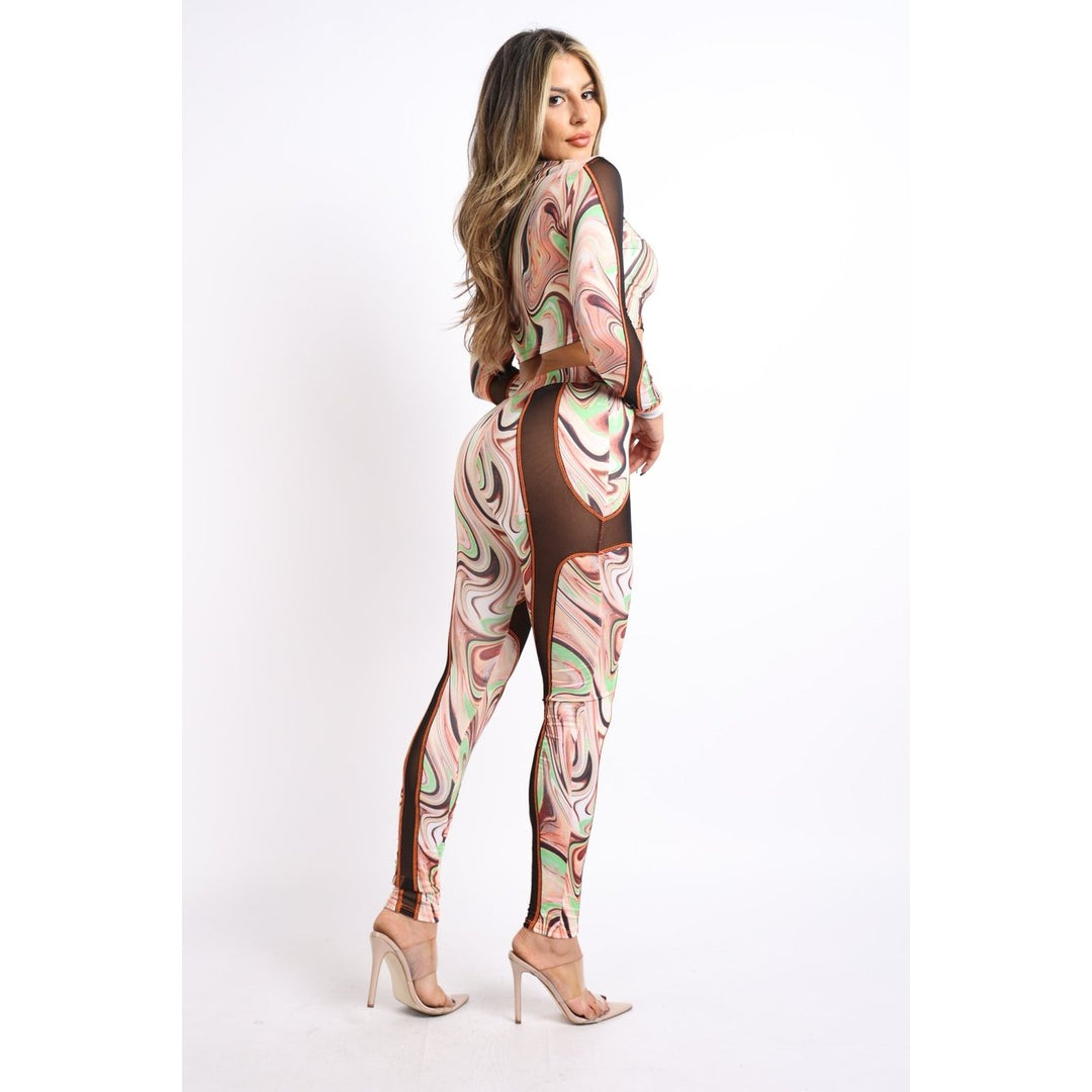 Swirl Print Mesh Contrast Top and Matching Pants 2 Piece Set Image 4