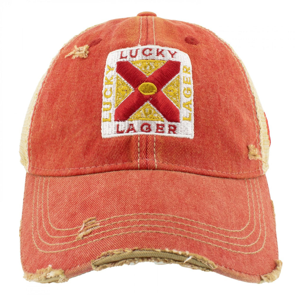 Lucky Lager Vintage Logo Red Colorway Distressed Trucker Hat Image 2