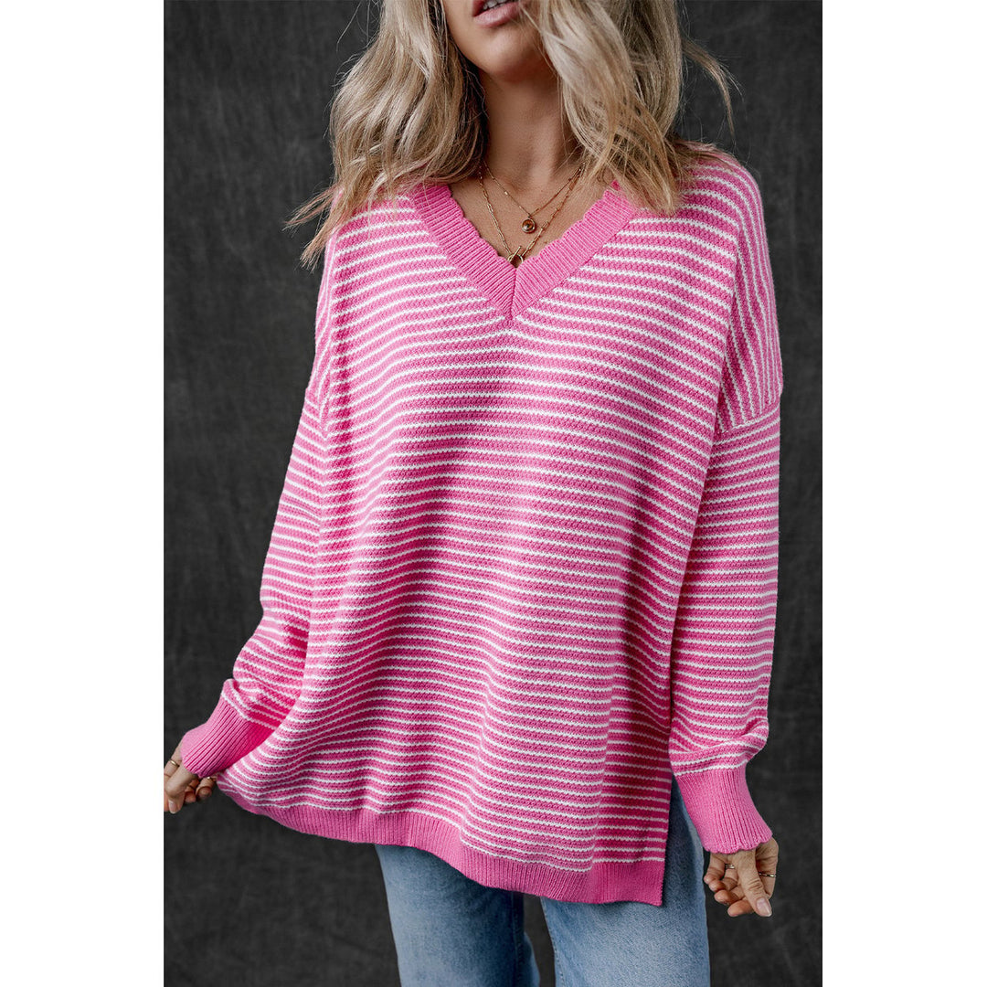 Alana Striped Scallop V Neck Loose Sweater Image 1