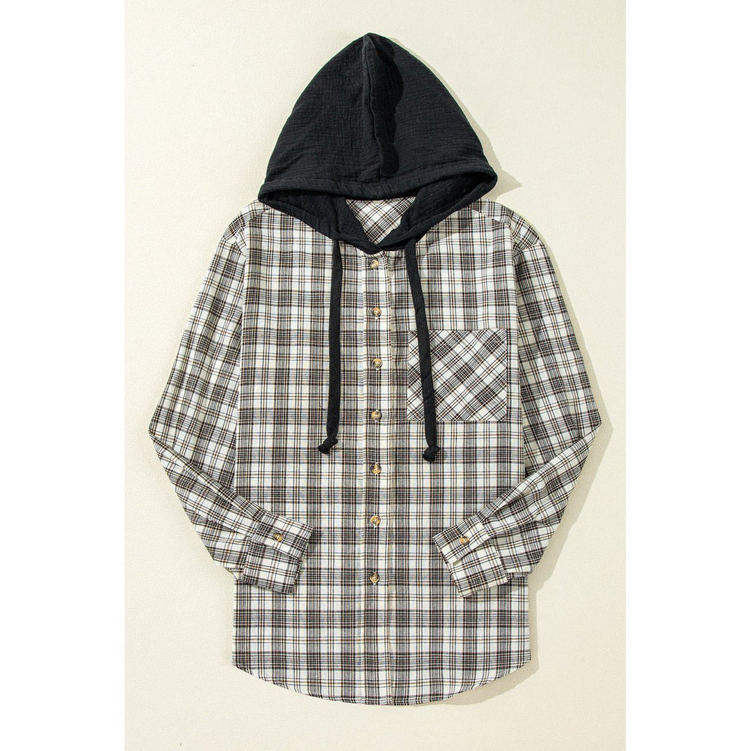 Ariella Checkered Loose Fit Buttoned Hooded Shacket Image 3