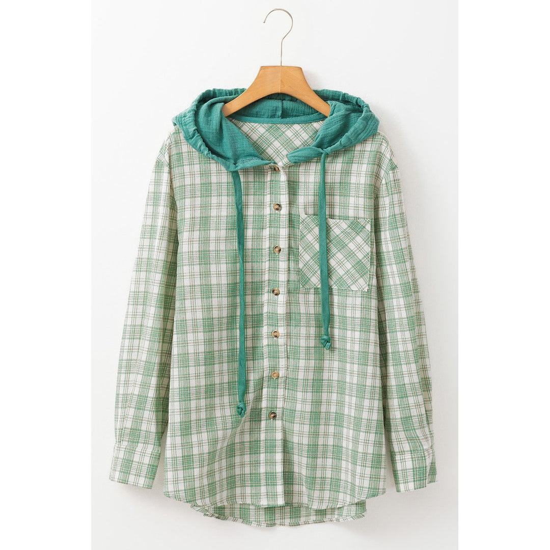 Ariella Checkered Loose Fit Buttoned Hooded Shacket Image 4