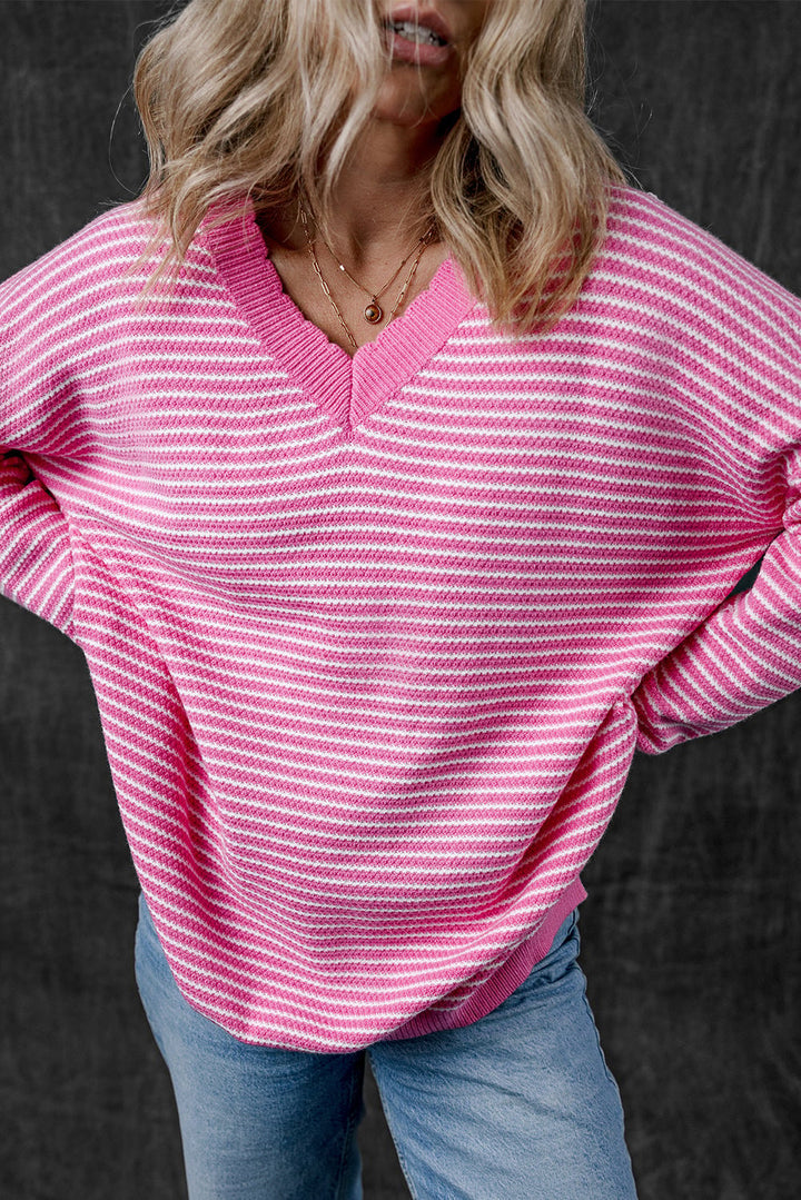 Alana Striped Scallop V Neck Loose Sweater Image 3