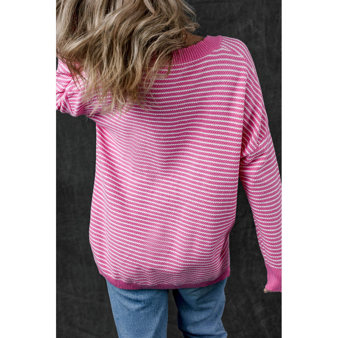 Alana Striped Scallop V Neck Loose Sweater Image 4