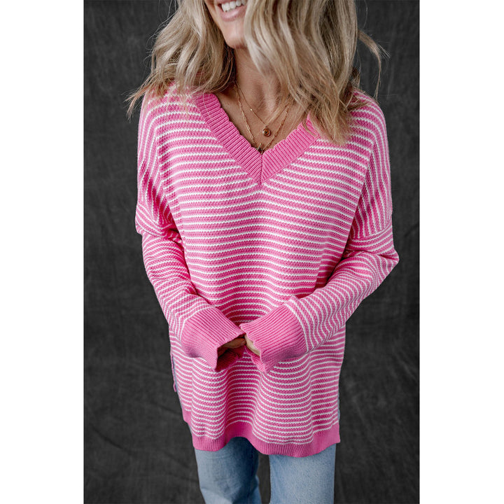 Alana Striped Scallop V Neck Loose Sweater Image 4