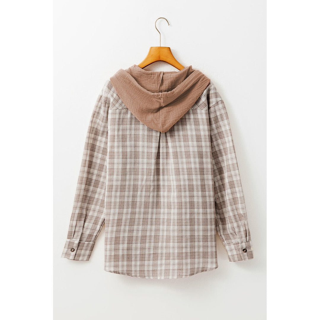 Ariella Checkered Loose Fit Buttoned Hooded Shacket Image 11