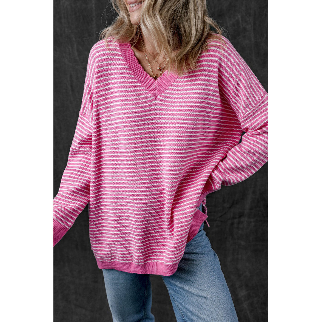 Alana Striped Scallop V Neck Loose Sweater Image 6