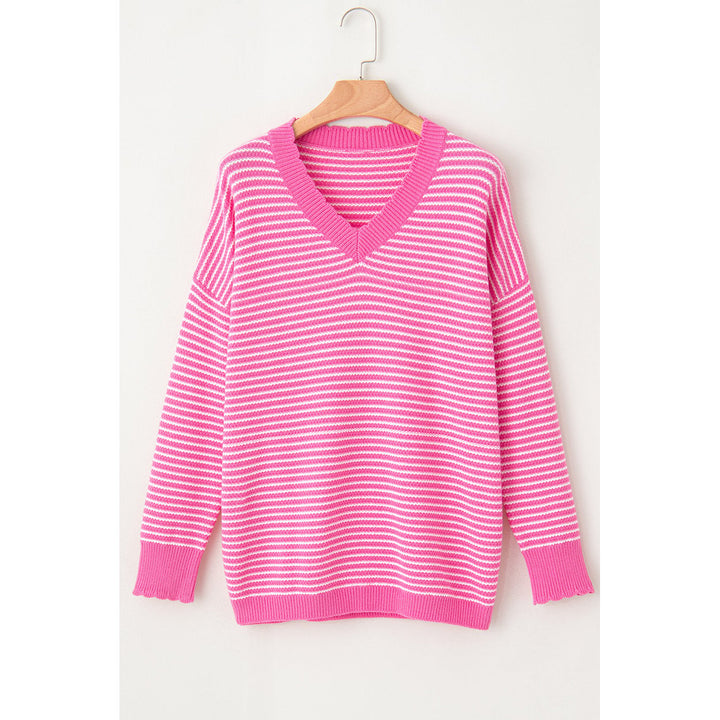 Alana Striped Scallop V Neck Loose Sweater Image 7