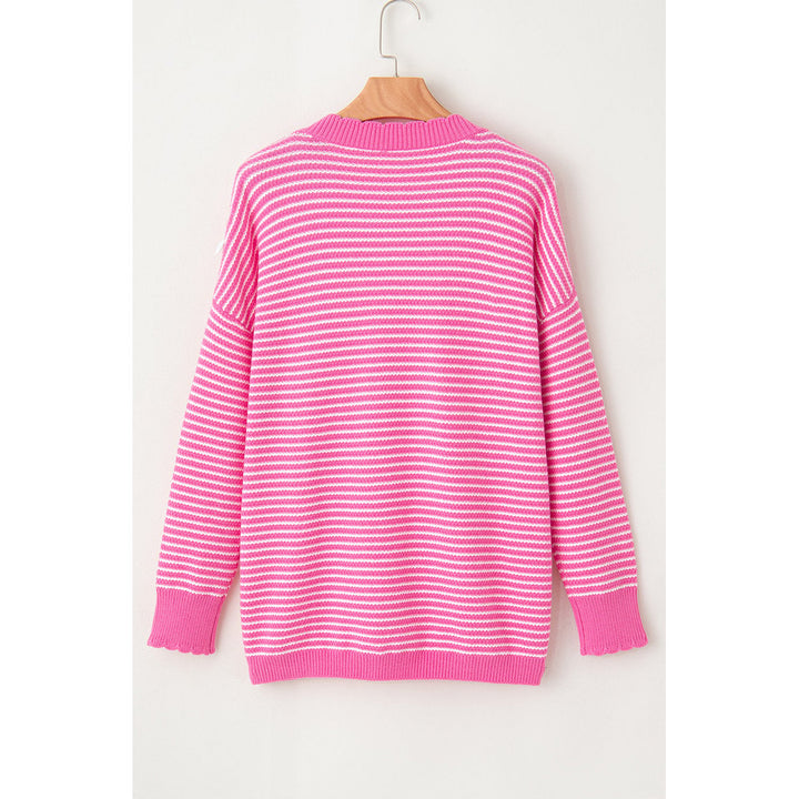 Alana Striped Scallop V Neck Loose Sweater Image 8