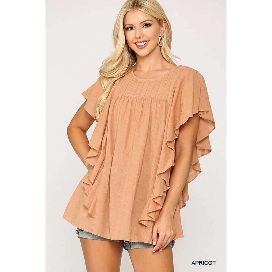 Textured Ruffle Sleeve Tunic Top With Back Keyhole Image 1