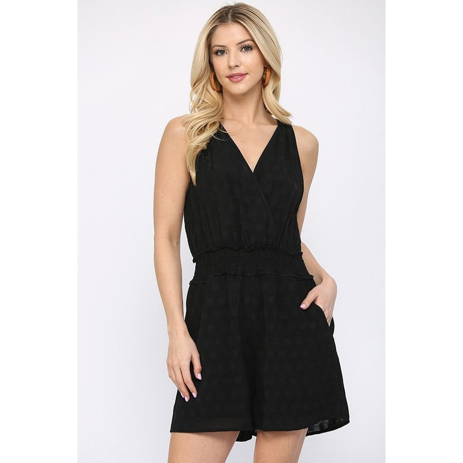 Textured Woven And Smocking Waist Romper With Back Open And Tie Image 1