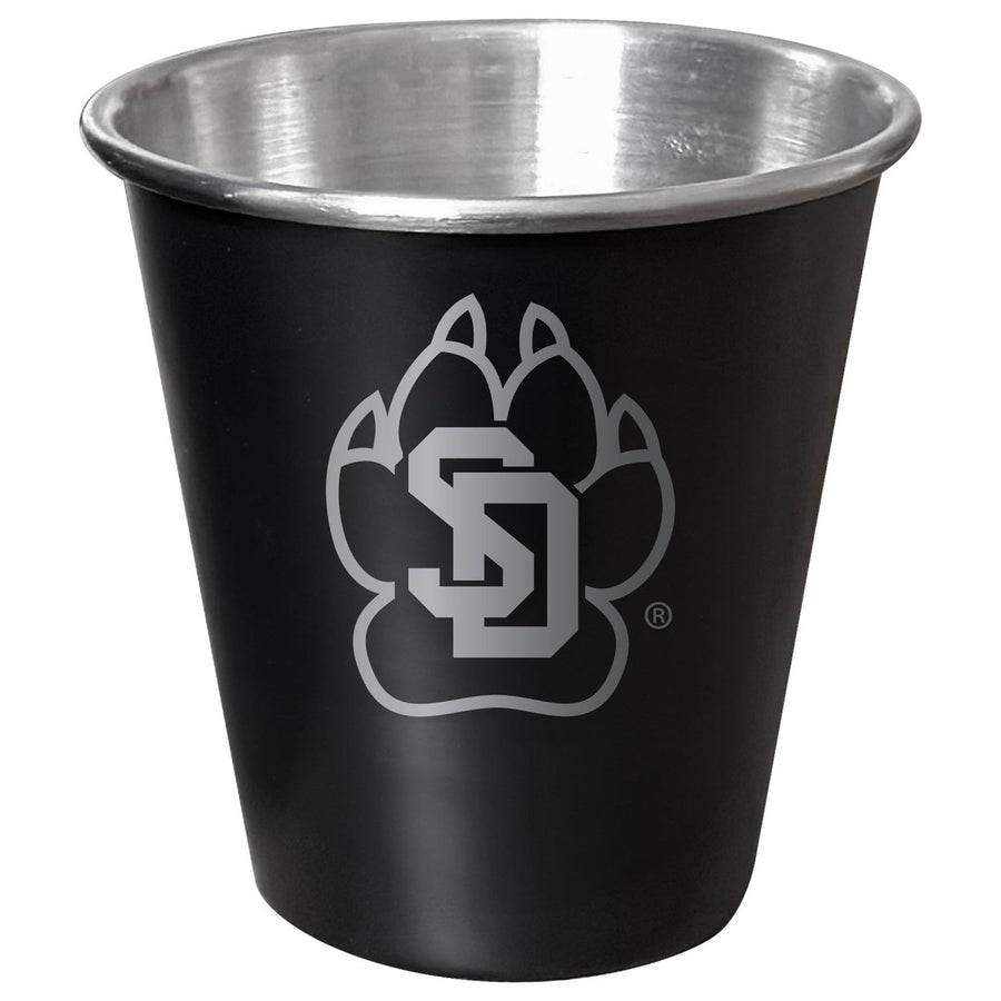 South Dakota Coyotes Engraved 2oz Tin Shot Glass Black Matte Coating Officially Licensed Collegiate Product Image 1