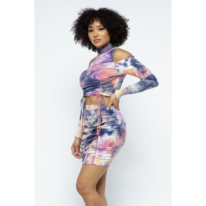 Tie Dye Open Shoulder Long Sleeve Top And Matching Skirt W Ruching Details Image 3