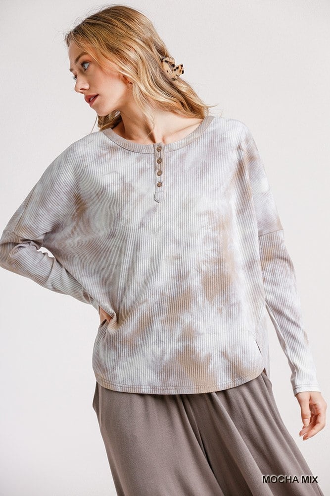 Tie Dye Round Neck Ribbed Button Front Top With Round Hem Image 1