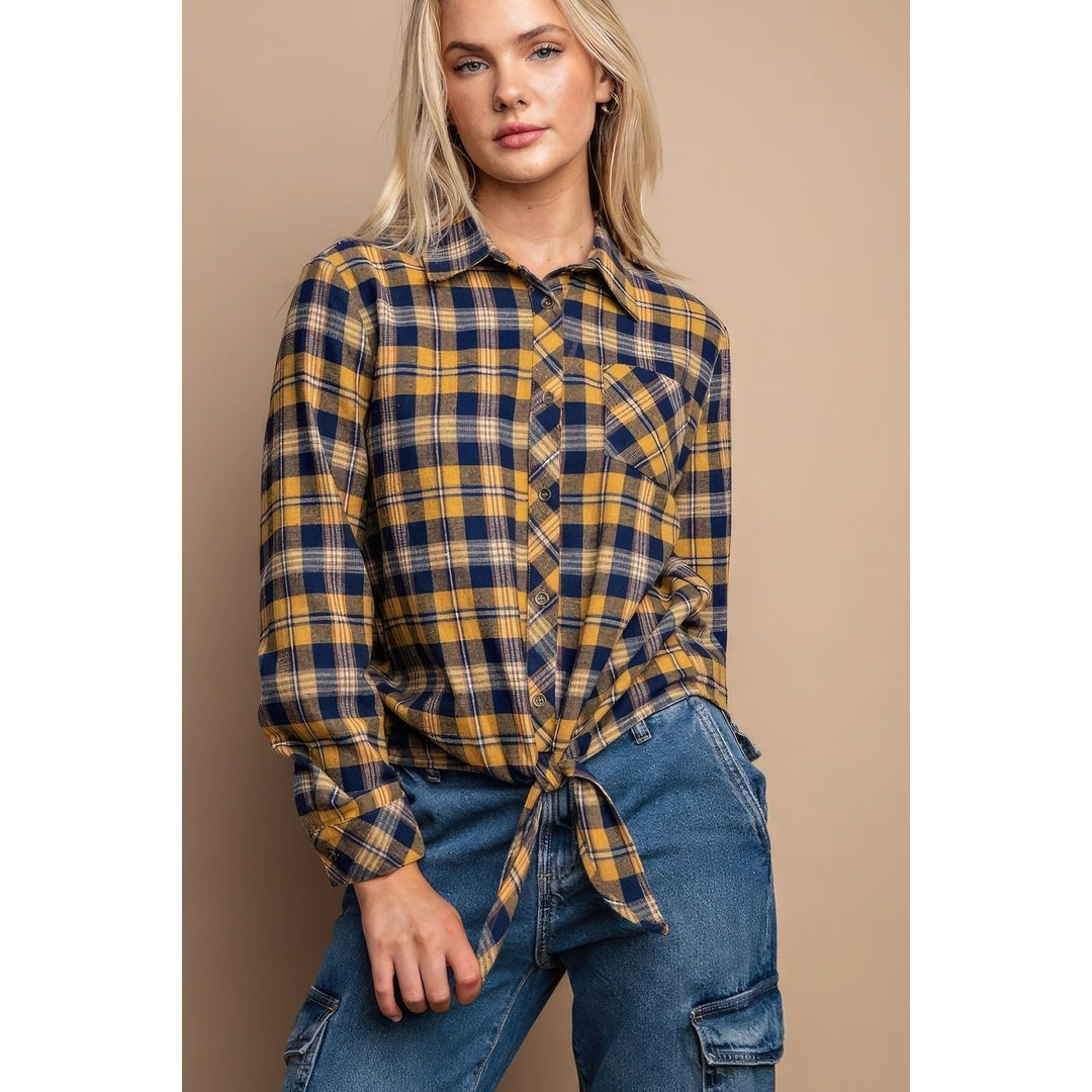 Tie Front Button Down Plaid Shirt With Front Pocket Image 1