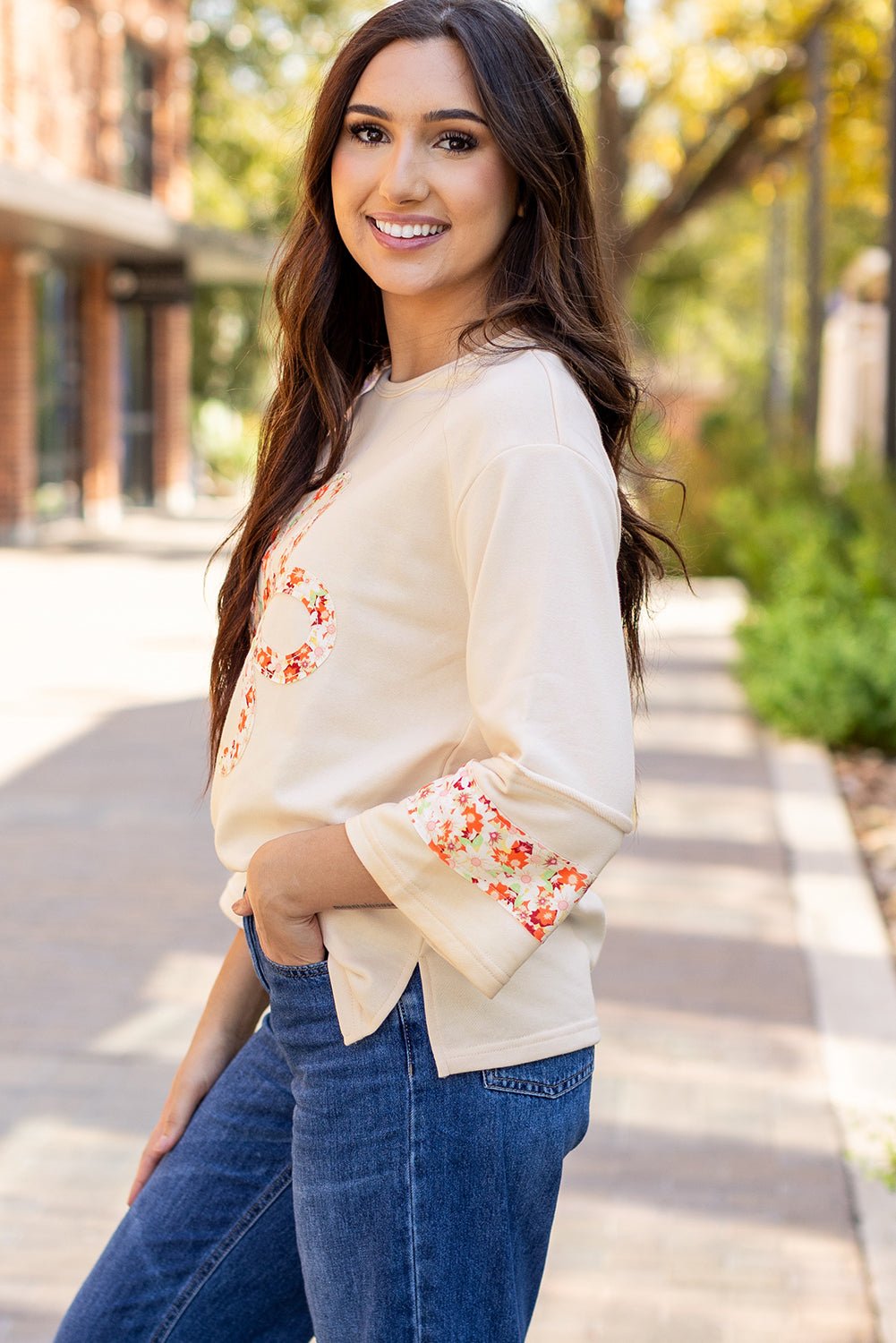 Flower Exposed Seam Wide Sleeve Top Image 4