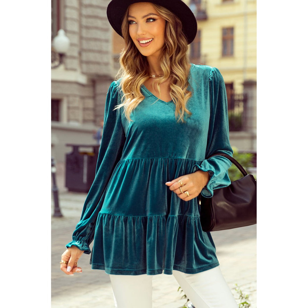 Jasmine Velvet V Neck Puff Sleeve Blouse Image 1