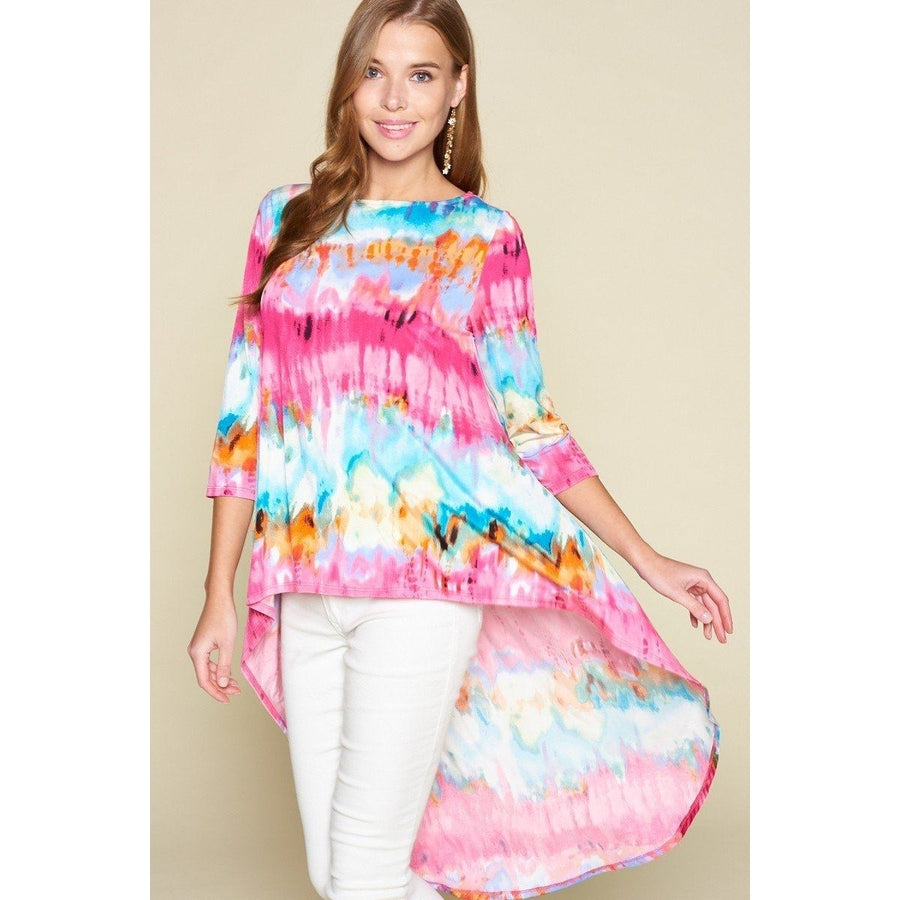 Tie-dye Venechia High Low Fashion Top With 3/4 Sleeves Image 1