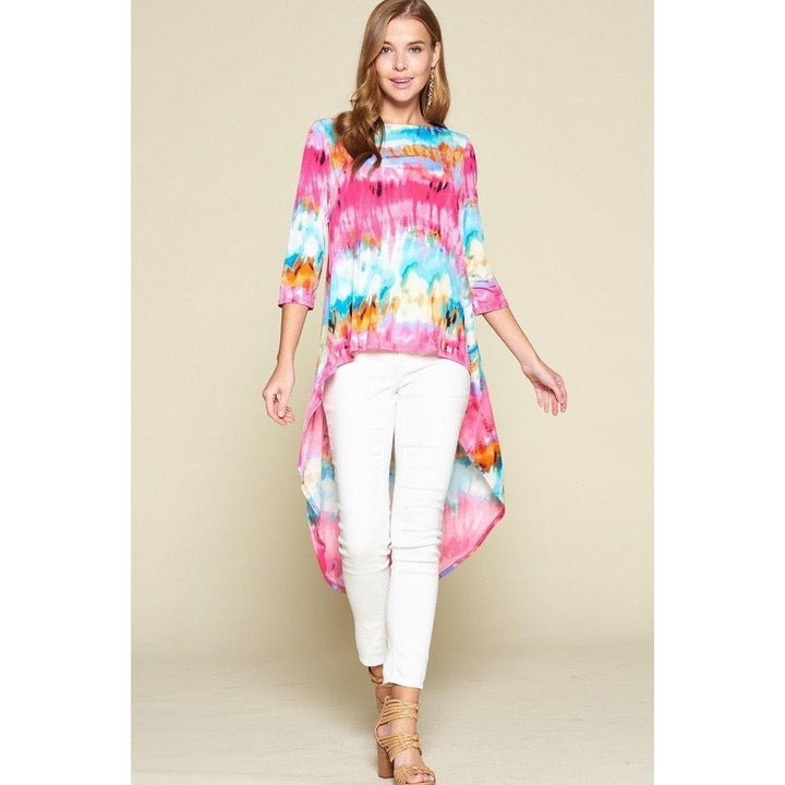 Tie-dye Venechia High Low Fashion Top With 3/4 Sleeves Image 2