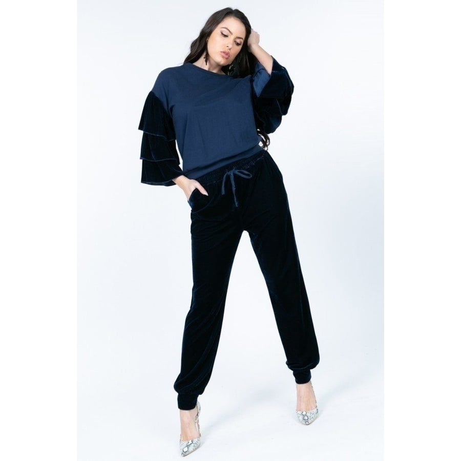 Tiered Velvet Ruffle Sleeve Pullover Crewneck Top Image 1