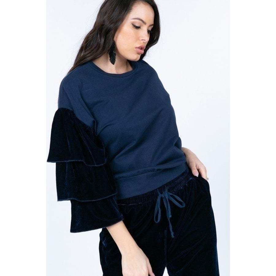 Tiered Velvet Ruffle Sleeve Pullover Crewneck Top Image 2