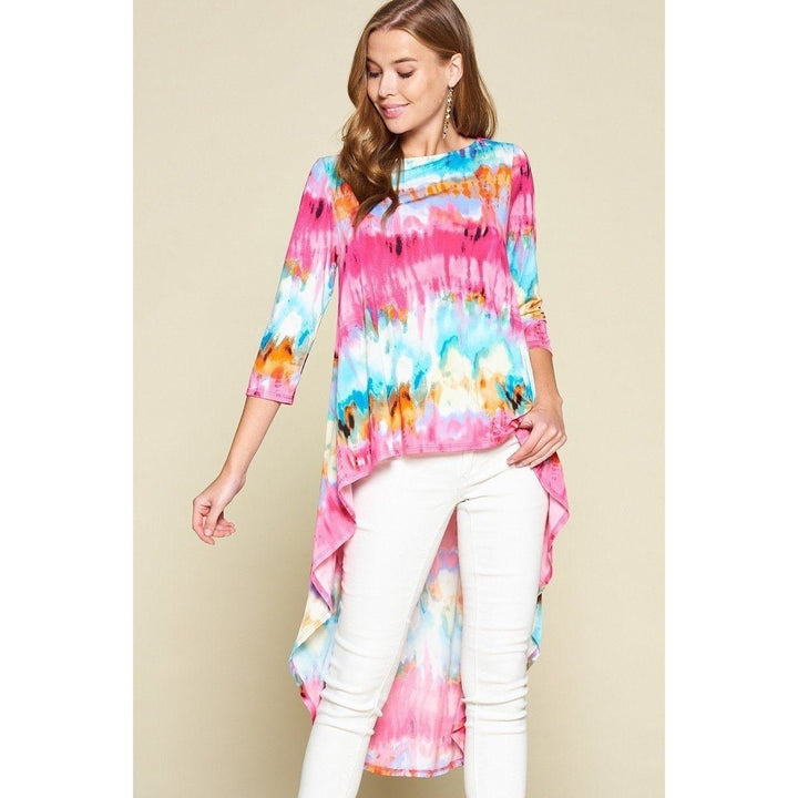 Tie-dye Venechia High Low Fashion Top With 3/4 Sleeves Image 3