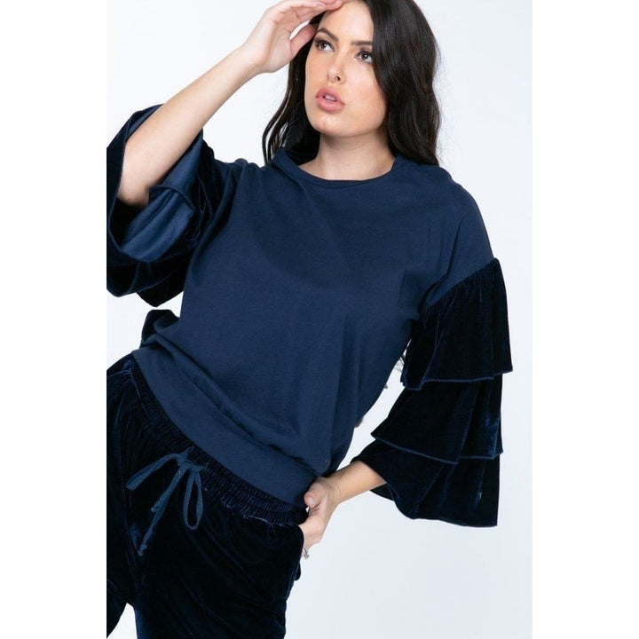 Tiered Velvet Ruffle Sleeve Pullover Crewneck Top Image 3