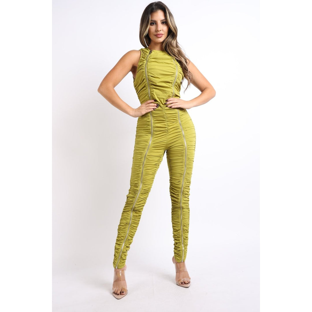 Track Zipper Ruched Jumpsuit Ruffle Dress Bodycon Jumpsuit CHARTREUSE Image 1