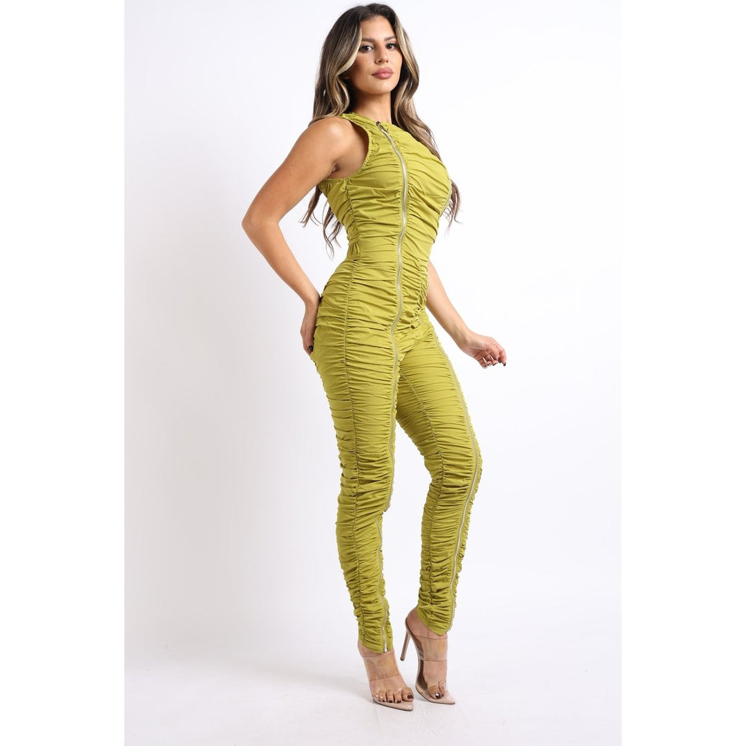 Track Zipper Ruched Jumpsuit Ruffle Dress Bodycon Jumpsuit CHARTREUSE Image 2