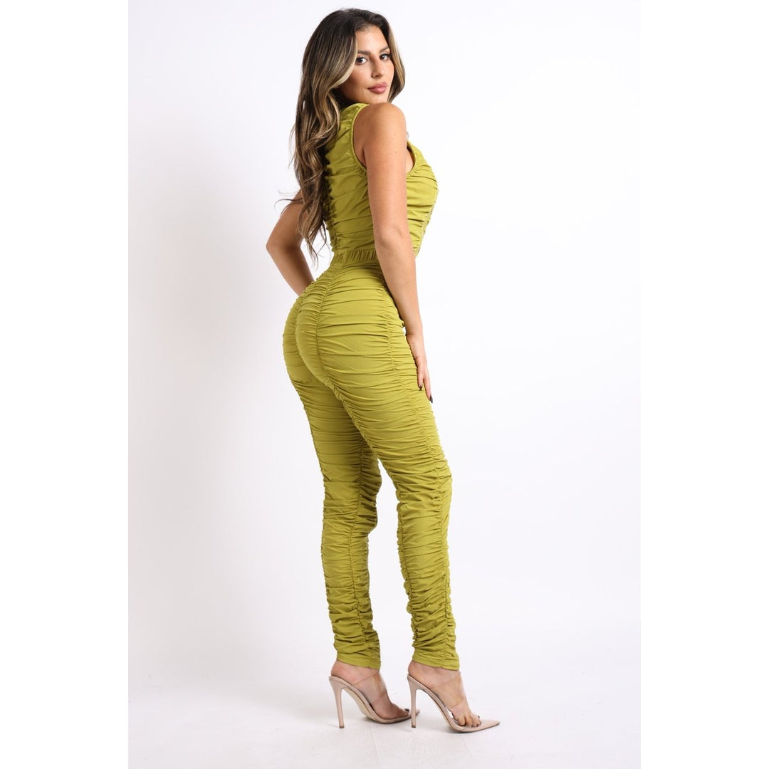 Track Zipper Ruched Jumpsuit Ruffle Dress Bodycon Jumpsuit CHARTREUSE Image 3