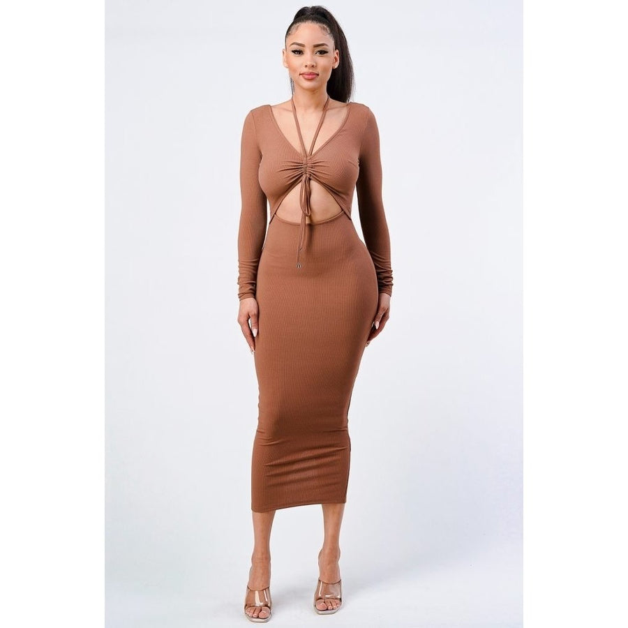 Trendy Front Shirring Cut-out Long Sleeved Dress Image 1