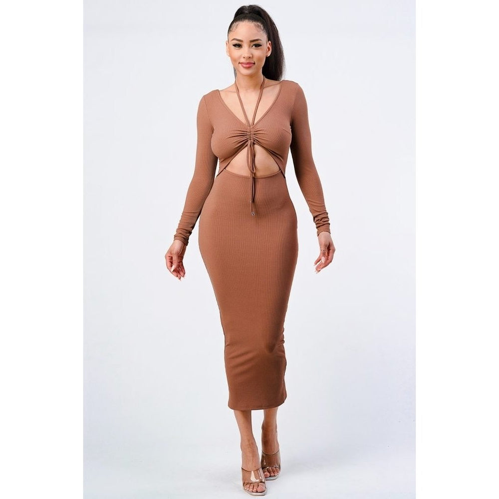 Trendy Front Shirring Cut-out Long Sleeved Dress Image 2